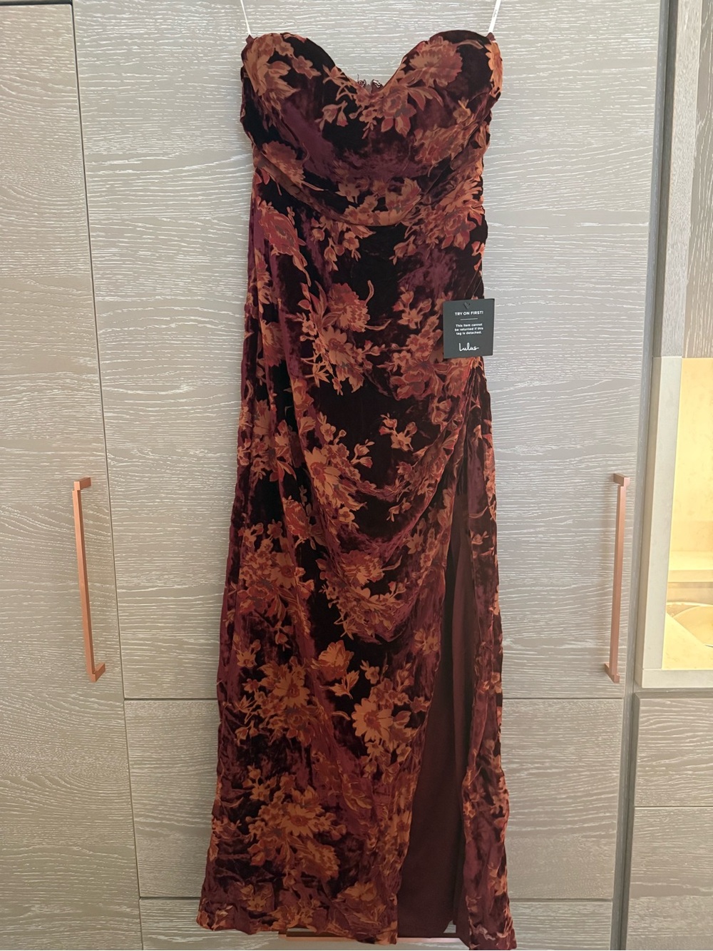 Lulu's Strapless Floral Velvet Gown in Burgundy and Rust